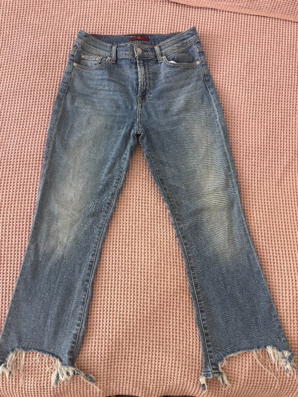 7 For All Mankind Cropped Fray Bottom Blue Denim Jeans